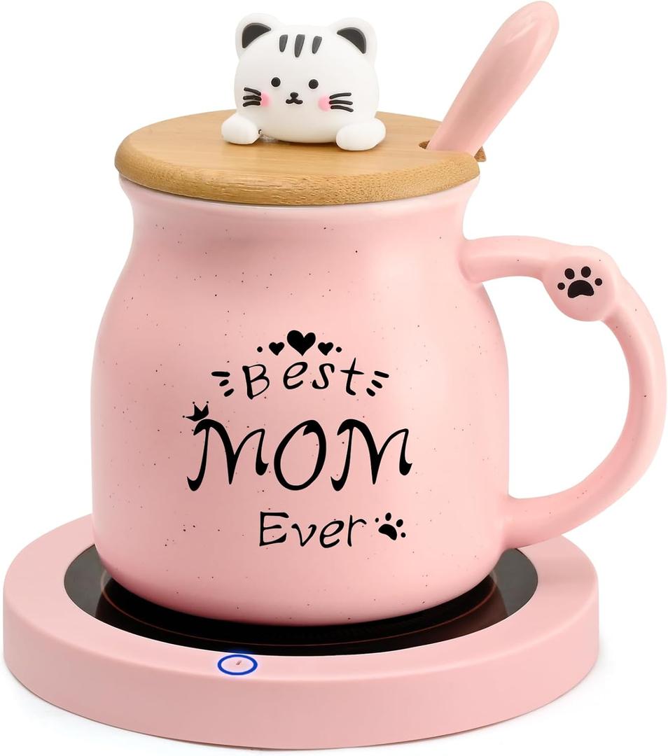 Coffee Mug Warmer, Best Mom Ever Mug, Cute Cat Mug Set, Cup Warmer for Desk, Gifts for Women, Pink Heated Warmer for Mom Home Office Christmas Birthday Gifts