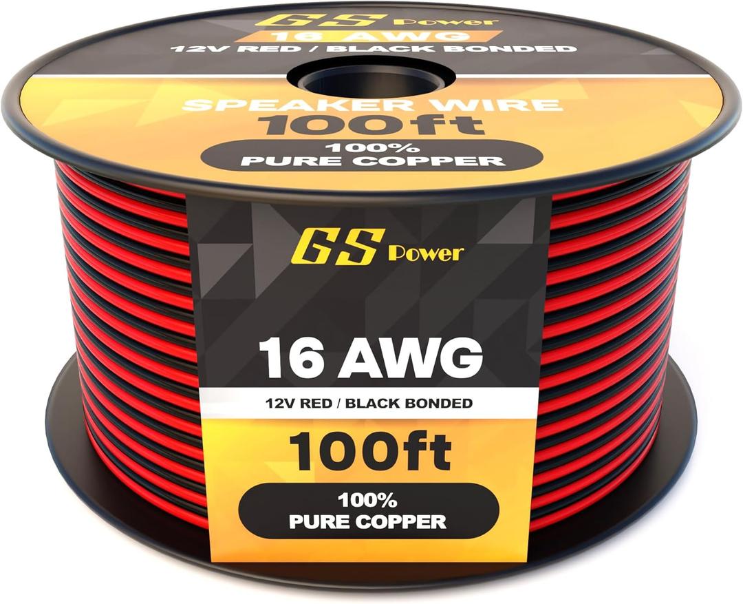 GS Power 16 Gauge Wire 100ft Oxygen Free, OFC Pure Copper Electrical 12v Low Voltage 16/2 Speaker Wire Spool, 16AWG for Electric, Automotive, Trailer, Stereo, RC, Car, Home Theater, LED, Lamp Wiring
