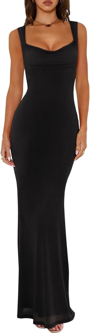 REORIA Women's Summer Cowl Neck Mesh Sleeveless Tank Dress Sexy Double Lined Bodycon Maxi Long Dresses (Large, Black)