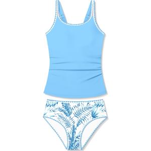 Girls Swimsuit Solid Color 2 Piece Girls Tankini Swimsuit Contrast Trim Teen Bathing Suit Padded Modest Swimwear 11-12y (Blue)