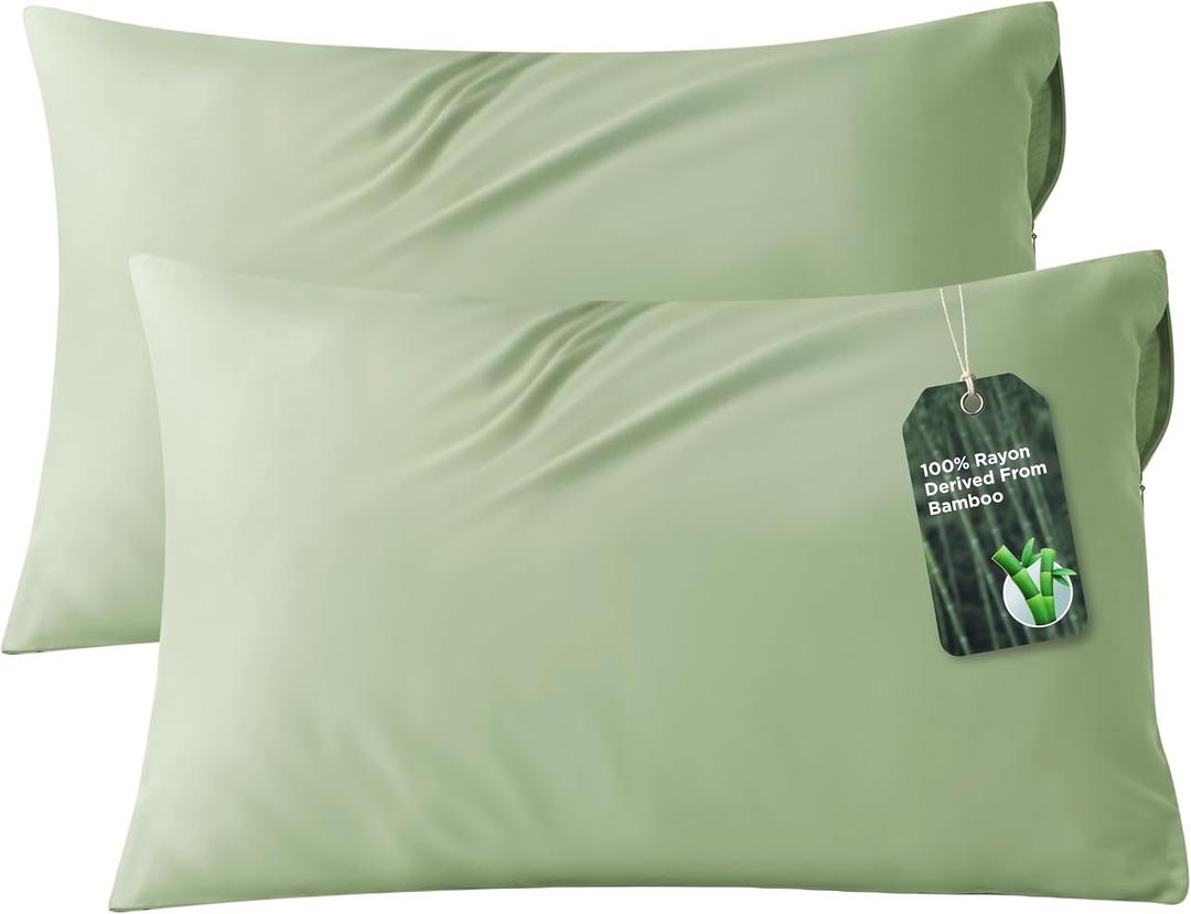 Bedsure Zipper Pillow Cases Queen, Cooling Pillow Cases Queen Size Set of 2, Rayon Derived from Bamboo Cooling Pillowcases for Hot Sleepers, Soft & PureWoven Pillow Covers, Sage Green, 20x30 Inches