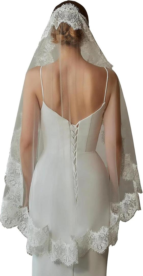 Ophea Veily Mantilla Veils Floral Lace Edge Wedding Bridal Veil Fingertip Length for Brides Ivory