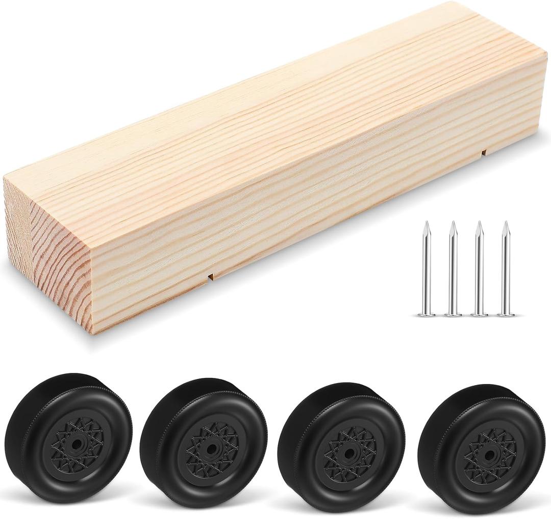 Pinkunn 9 Pcs/ 1 Sets Pinewood Car Kit Wooden Derby Race Cars, Includes 1 Pine Block, 4 Wheels, and 4 Metal Axle Pins for DIY Crafts Car Toys