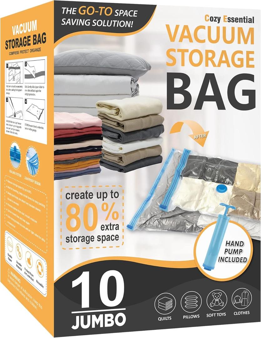 Cozy Essential 10 Jumbo Vacuum Storage Bags, Space Saver Bags Compression Storage Bags for Comforters and Blankets, Pillow, Bedding, Vacuum Sealer Bags for Clothes Storage