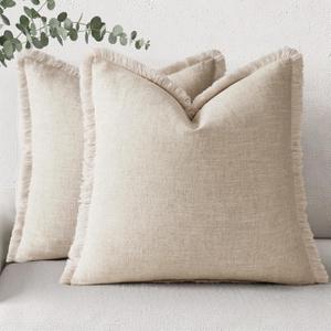 DecorUhome Summer Decorative Neutral Linen Fringe Throw Pillow Covers Set of 2 Natural Beige Pillow Covers with Tassels Soft Farmhouse Boho Accent Pillow Cases for Couch Bed Sofa 20x20 Inch