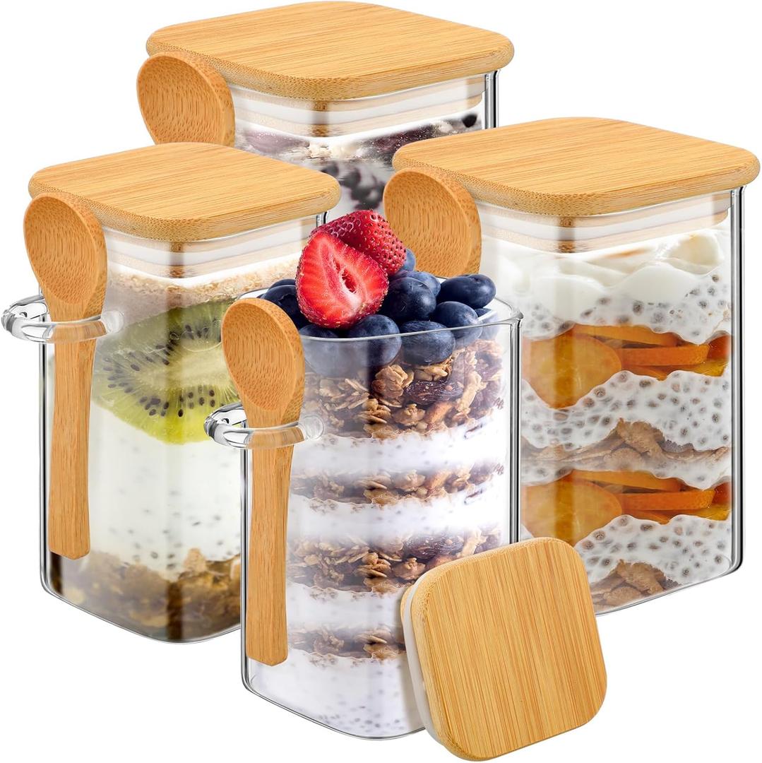 Pickmesh 4 Pcs Overnight Oats Containers with Lids and Spoons Overnight Oats Jars Oatmeal Cups Square Glass Meal Prep Container Storage Bottle Glass Jar for Pudding Yogurt (16oz, 10oz, Square Style)
