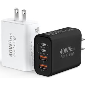 USB C Wall Fast Charger Block, 40W 4-Port Type C Chargers Fast Charging Blocks PD Power Charger Adapter+QC 3.0 USB Multiport Charger Brick for Phone 17/16/15/14/13/12 Pro Max, i-Pad, Galaxy S25-2Pack