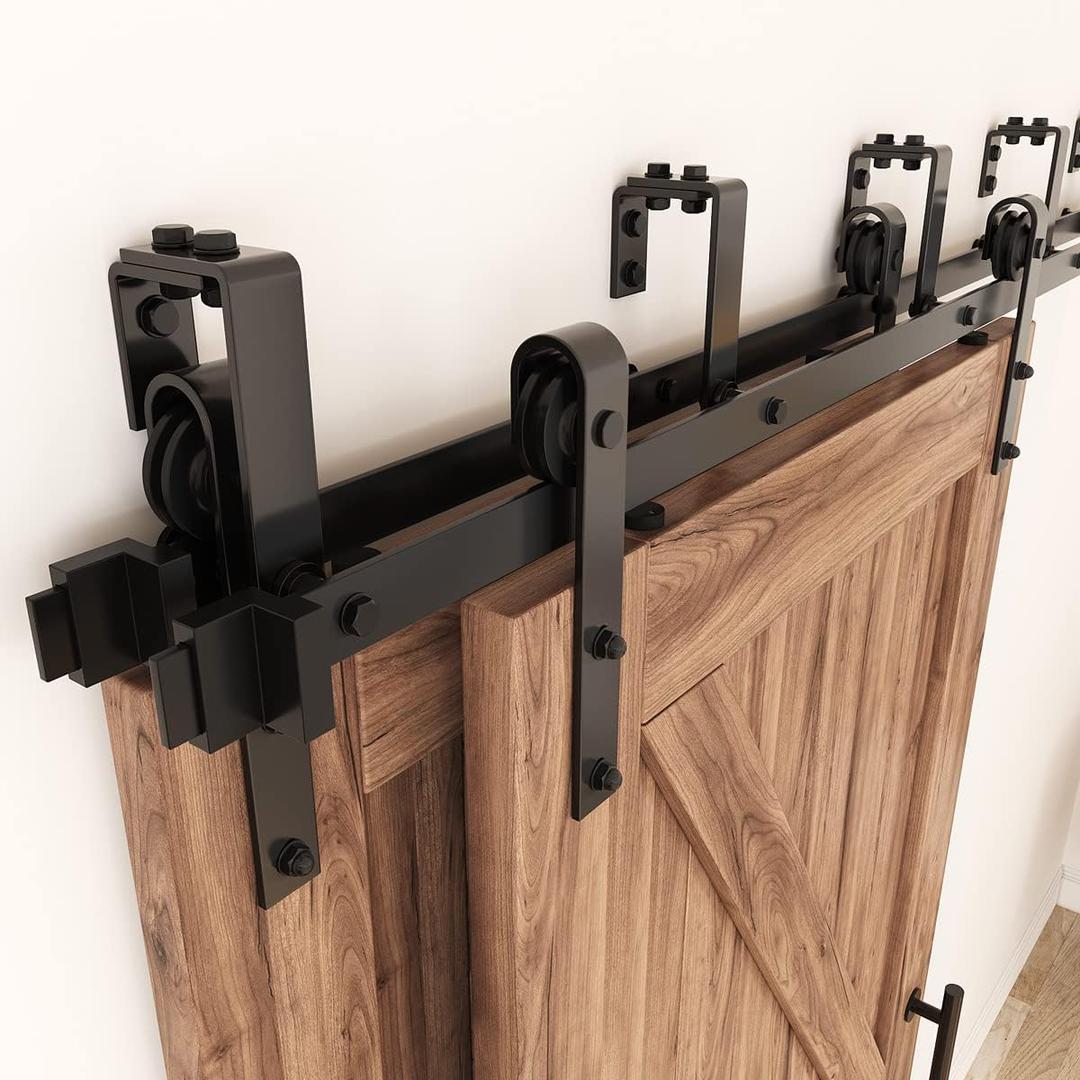 ZEKOO 8FT Double Track Bypass Sliding Barn Door Hardware Kit for 2 Doors, Bypass Barn Door Track Kit, Low Ceiling, Easy Install, J Shape Hanger, Fit 48" Wide Door Panel