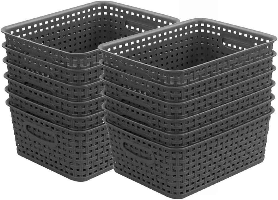 Grey Plastic Weave Storage Basket, 12-Pack Woven Gray Basket Organizer for Kitchen Office Bathroom