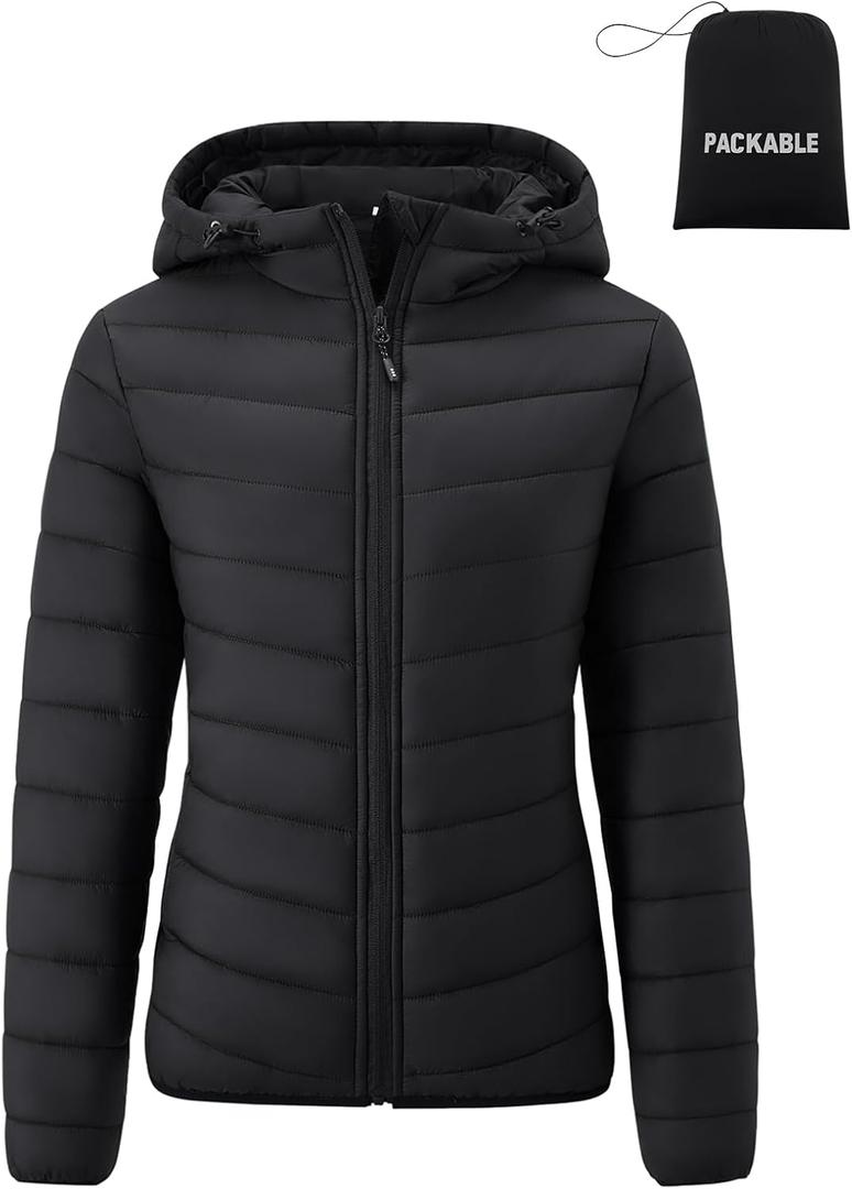 Gihuo Women's Packable Lightweight Hooded Puffer Jacket Quilted Winter Outdoor Jacket with Storage Bag (Black, L)