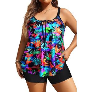 Daci Women Plus Size Tankini Swimsuit - 2 Piece Flowy Plus Size Bathing Suits and Shorts with Pockets 2025,Colorful Leaves, 24 Plus