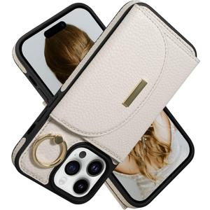 Keallce Wallet Case for iPhone 14 Pro Max 6.7'', Flip Case with Card Slots, Ring Holder Kickstand, PU Leather Protective Folio Cover for Women, Beige