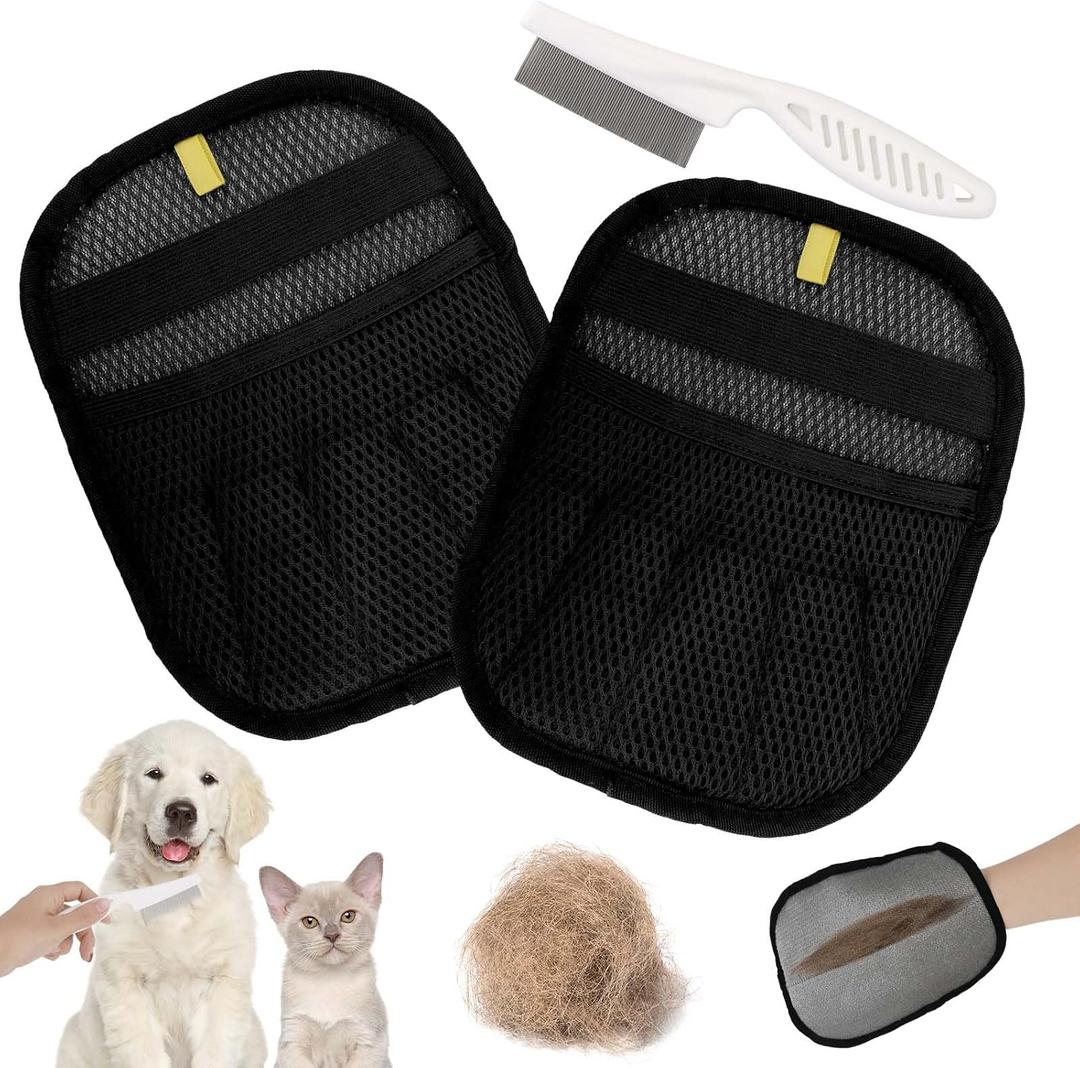 1 Pair Pet Hair Removal Gloves, Reusable Five-Finger Electrostatic Grooming Remover Gloves with Comb Brush Tool Supplies for Cat Dog Hair Removal on Furniture Couch Pet Bed Carpet Rug Curtains