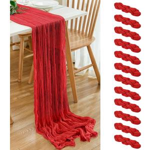 12 Pack Red 10 Ft Cheesecloth Table Runner 20x120 Inch Boho Wrinkled Sheer Romantic Gauze Decor for Wedding, Bridal Shower, Birthday Party