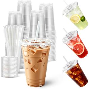 100-Pack 16 oz Cups with Lids and Straws, Disposable Plastic Cups with Lids - BPA-free, Perfect for Iced Coffee, Frappes, Milkshakes & Juice, Ideal for Home, Office & Parties 