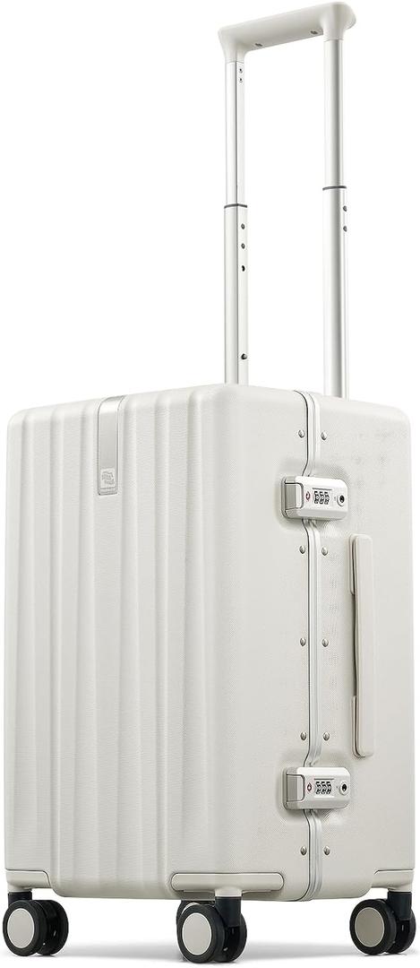 Hanke Premium 20 Inch Zipperless Carry-On Luggage, Aluminum Frame Hard Shell PC Suitcase with TSA Lock, Water-Resistant, 8 Quiet Spinner Wheels for Short Business Trips & Weekend GetawaysWhite