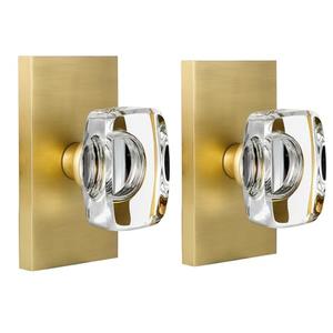 HIEMEY Satin Brass Crystal Glass Dummy Door Knob Interior, Gold Dummy Door Knob Door Handles for Closet Hall Rectangular Single Side Non-Turning Inactive, 2 Pack