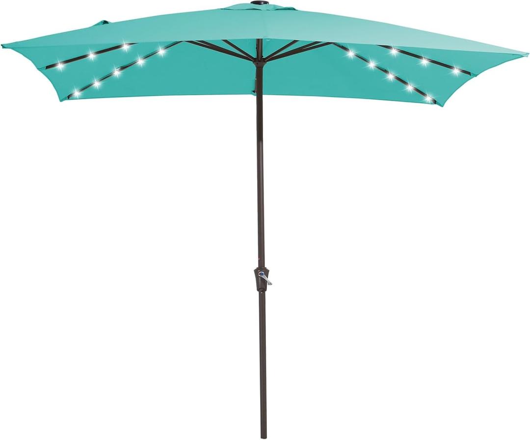 JEAREY 8x10 ft Rectangular LED Lighted Patio Umbrellas Outdoor Solar Table Market Umbrella w/Crank, 8 Sturdy Ribs, UV Protection Waterproof Sunproof(Teal Blue)