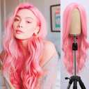 Long Pink Wig for Women Middle Part Pink Wavy Wigs Natural Looking Synthetic Heat Resistant Fiber Wigs for Halloween Costumes Cosplay Daily Use(26 Inch)