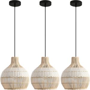 3 Pack Rattan Pendant Light Fixture Mini Hand-Woven White Rattan Chandelie,11Inch Boho Wicker Hanging Lamp for Dining Living Bedroom Kitchen Farmhouse
