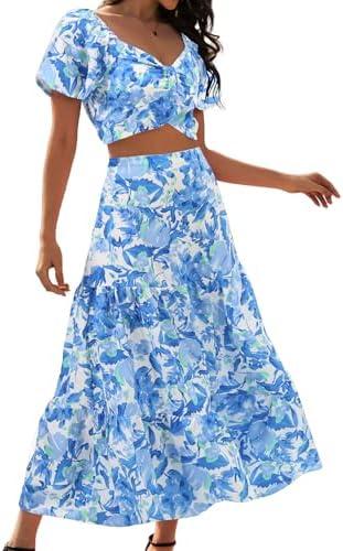 DRESSTELLS Women's 2 Piece Skirt Set, Floral Skirt Set Outfits Suit, Top & Long Skirts, Casual Boho Summer Dress 2025,  Size S