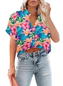Cropped Hawaiian Shirts for Women Hawaii Tropical Button Down Tops Floral Tropic Print Summer Beach Outfits Deep Pink, M