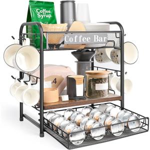 Coffee Bar Organizer, Station Mug Holder for Countertop, Multi-Functional 3 Tier Coffee Cup Tree Rack for Kitchen, Storage Shelf with 10 Hooks, Vertuo Pods Drawer for Home Office
