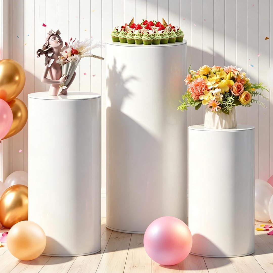 Cylinder Stands for Party, 3Pcs White Cylinder Pedestal Stand, Cilindros Para Fiestas Cake Table Stand Parties Round Cylinder Display Plant Stand for Wedding Birthday Decor 35"(XXL) 29.5"(XL) 23.6"(L)