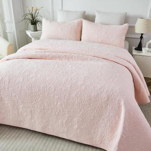 Brandream Queen Size Quilt Set Cotton Light Pink Floral Quilts Botanical Themed Matelasse Coverlet Set 3-Piece