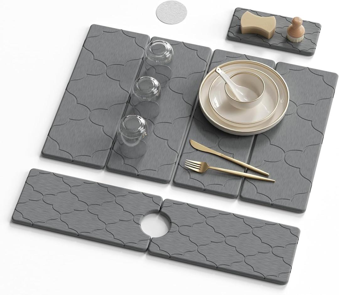 3 PCS Large Stone Dish Drying Mat for Kitchen Counter -24"x16" Absorbent Diatomaceous Earth Mat with Stone Faucet Mat & Soap Tray - Quick Dry, Collapsible, Non-Slip Countertop Organizer (24*16inch+24*5.5inch+8*4inch, Lantern carved patterns)