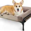 Veehoo Outdoor Elevated Dog Bed-Cooling Raised Dog Cot for Medium Sized Dog | Three-Sided Fence Raised Pet Cot with Mesh & No-Slip Feet Dog Hammock Bed with Removable Bolster-29" x 18" Beige