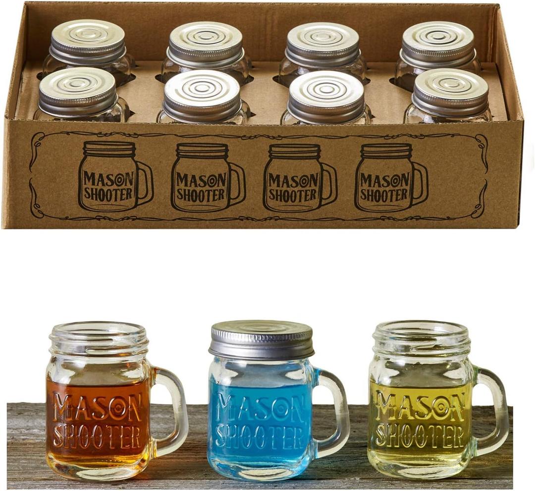 Small Mason Jar Shot Glasses with Lids (8pc Set) 2oz Tiny Glass Jars with Handles for Adult Party Favors, Juice, Alcohol, Unique Funny Shot Glass, Moonshine Shooter, Cute Mini Beer Mug, Christmas Gift