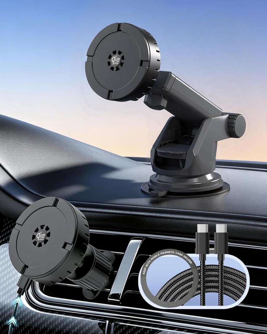 25W for MagSafe Car Mount Charger with Cooling Fan, Qi2.2 Magnetic Car Phone Holder for iPhone, 360 Adjustable Fast Wireless Cars Charging for iPhone 17/16/15/14/13, Air Vent & Dash Mount
