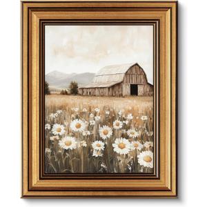 Dark Brown Framed Vintage Rural Daisy Canvas Wall Art White Daisies In Bottle Painting Picture Wall Decor Farmhouse Flowers Poster Print Artwork for Bedrooms Living Rooms Home Decoration 9x11in