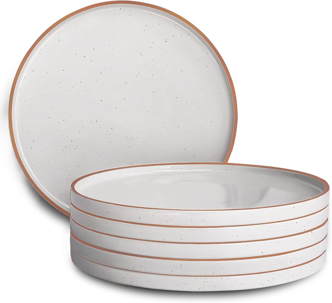 MORA Ceramic Flat Dinner Plates Set of 6, 10.5 in High Edge Dish Set - Microwave, Oven, and Dishwasher Safe, Scratch Resistant, Modern Dinnerware- Kitchen Porcelain Serving Dishes - Vanilla White