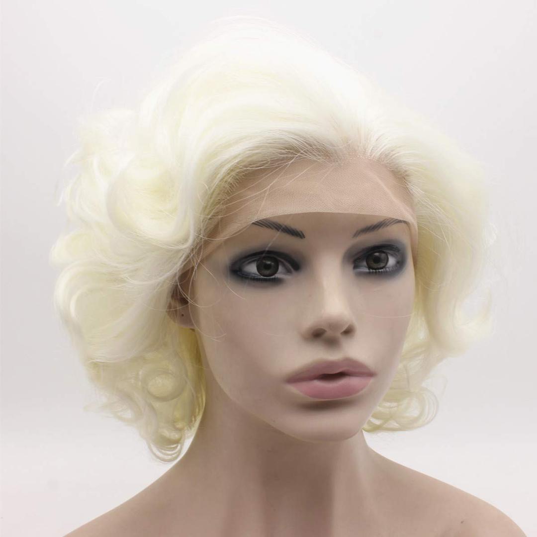 MX angel Short Curly Wavy Wig Half Hand Tied Synthetic Lace Front Natural Heat Resistant Wig Silver White Blonde