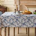 Square Tablecloth 55 x 55 Inch - Vintage Beige Linen Look Table Cloth - Machine Washable Farmhouse Pastoral Water Resistant Table Cover, Picnic, Indoor Kitchen Outdoor & Dining, Blue Floral Flower
