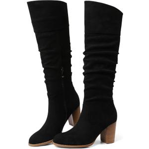 Erocalli Suede Knee-High Boots Fall Boot For Women Chunky Block High Heel Slouch Fashion Boot Round Toe Side Zipper (8.5, 1 Black)
