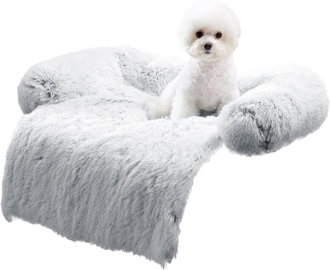 HACHIKITTY Calming Pet Sofa Bed Mat, Washable Plush Couch Cover for Dogs & Cats, Furniture Protector with Anti-Slip Bottom (30"x 27"x 6", Gray)
