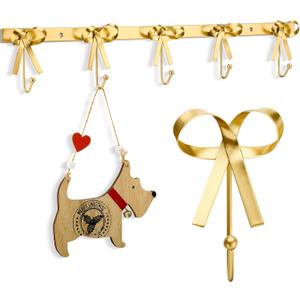 Tioncy Gold Bow Hooks Coat Rack Wall Mounted Gold Metal 5 Hook Bow Wall Decorations Nursery Bedroom Bathroom Coquette Living Room Decor for Hanging Coats Hats Towels Robes Purses Bags Keys