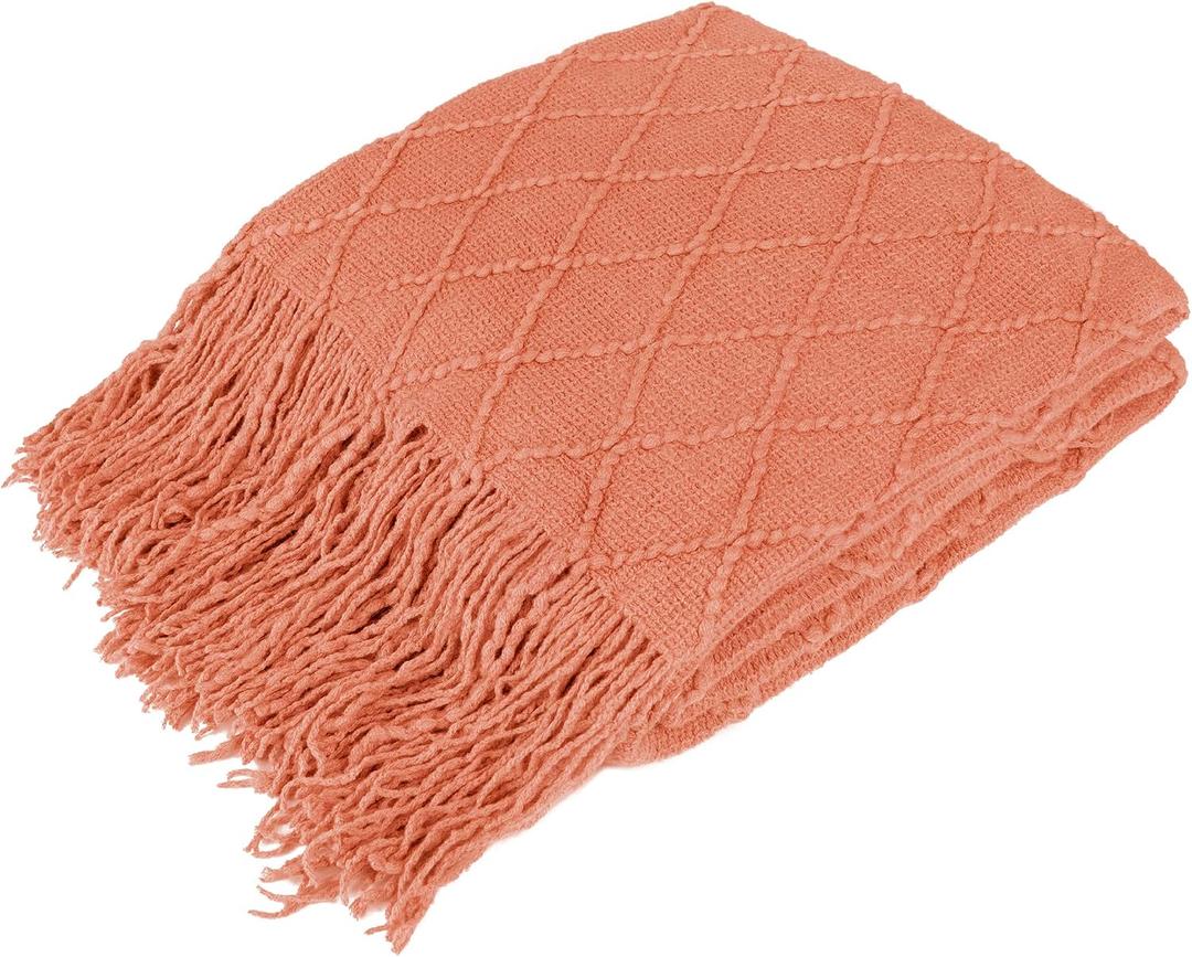 PAVILIA Coral Orange Knit Throw Blanket for Couch, Twin Bed, Soft Knitted Farmhouse Sofa Throw for Living Room, Lightweight Decorative Fall Blanket for Chair, Outdoor Textured Boho Blanket, 60x80
