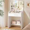 LIVELYGLOW Small Makeup Vanity Desk with Lighted Mirror, White, 23.62" W x 15.74" D x 53.93" H (Smart LED Mirror, Open Shelves, 2 Drawers)