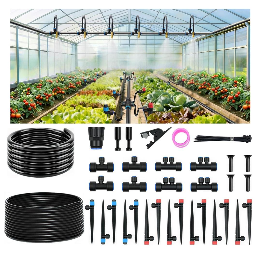 Drip Irrigation Kit for Garden, Automatic Plant Watering System with Quick Connect Fittings, Water Saving Irrigation Tubing Hose and Accessories for Yard, Greenhouse, Lawn & Raised Bed (60FT)