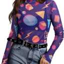 80s 90s Mesh Long Sleeve Shirt Women 90s 80s Themed Party Outfits Retro Sexy Neon Disco See Through Mock Neck Tops (XL)