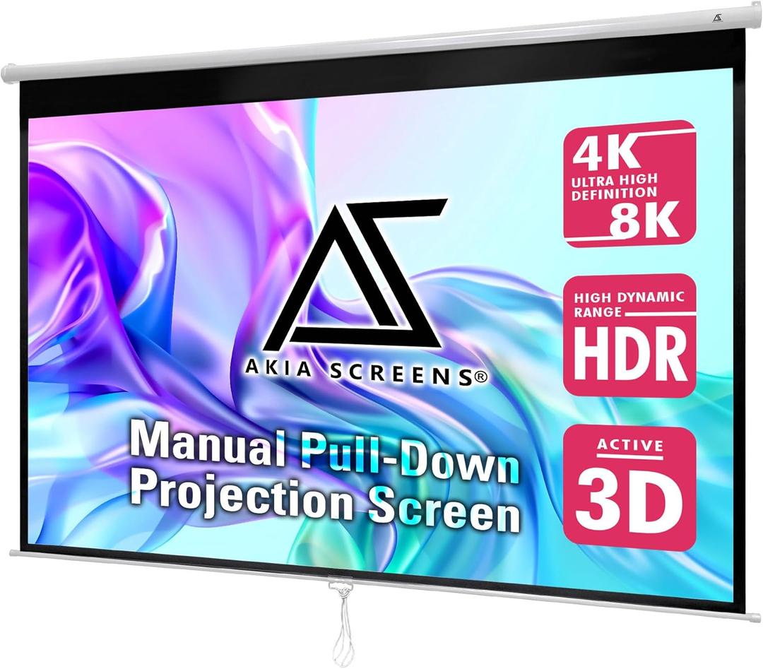 Akia Screens 100 Inch Manual Pull Down Projector Screen, 16:10 Retractable Projection Screen, 4K 8K HD Ready, Wall or Ceiling Mount, Auto-Locking Indoor Home Theater Screen, White Case (AK-M100X1)