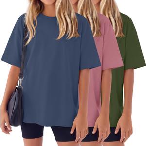 3 Pack Girls Short Sleeve T-Shirts | Oversized, Crewneck, Trendy Tops, Casual, Athletic, Summer, Back to School (Pink)