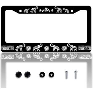 Tribal Elephant License Plate Frame Animal License Plate Holder Personalise Stainless Steel Funny Design Compatible with Standard License Plate Frames for USA Canada 6 X 12 Inch 2 Holes with Screws