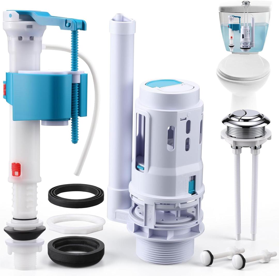 Ganeen 3 Inch Dual Flush Valve Replacement Universal Toilet Tank Replacement Kit with Top Push Button Toilet Fill Valve Bowl Gasket Plastic Bolts Inside Tank Parts Flusher Repair for Easy to Install