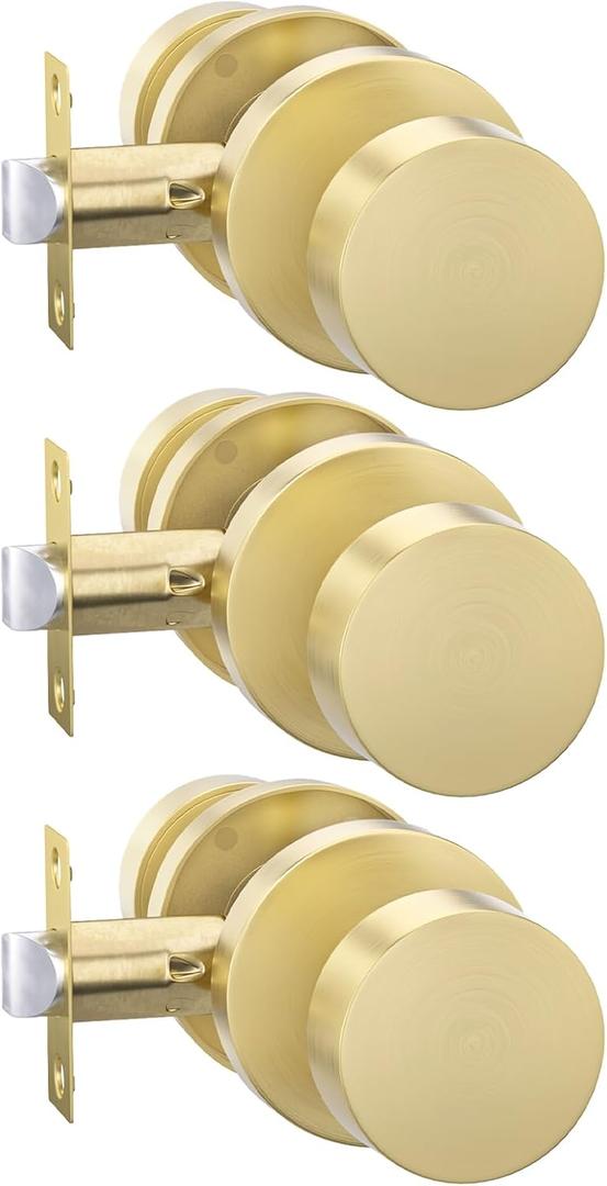 Goldenwarm Gold Closet Door Knobs, Heavy Duty Zinc-Alloy Passage Brushed Gold Interior Door Knobs, Brushed Brass Indoor Doorknobs for Hallway, Closet (3 Pack)