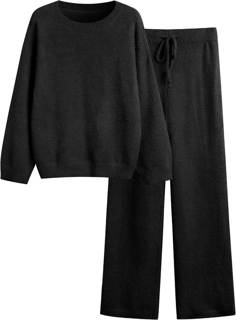 GKBK Lounge Sets for Women 2 Piece Fuzzy Fleece Pajamas Long Sleeve Oversized Lounge Set 2025 Fall Winter Trendy Black M